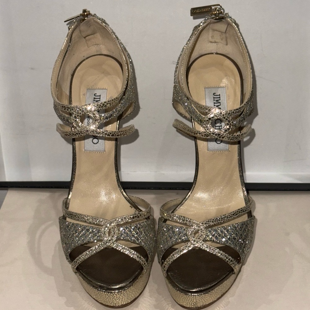 Jimmy Choo Champagne Sierra Glittercoated Snakeprint leather pumps - Picture 1 of 5